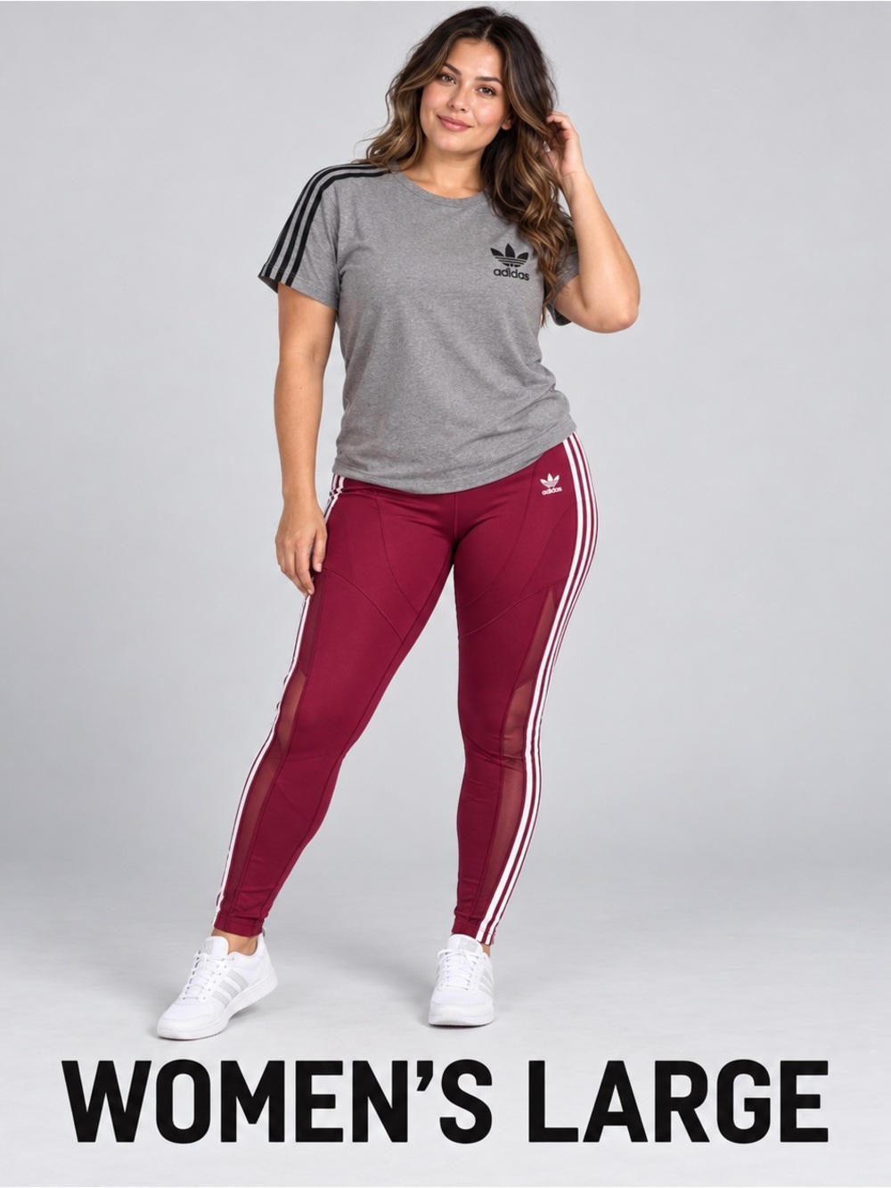 adidas Burgundy Three-Stripe High-Waist Leggings with a gray shirt outfit